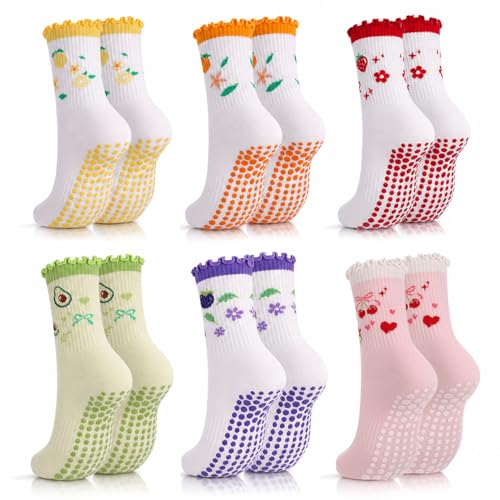 6 Pairs Cute Non-Slip Pilates Socks for Women - Pink, Green, White