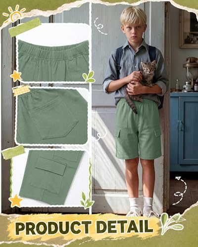 Boys Cargo Shorts - Comfortable Polyester Spandex - 10-11 Years Gray Green