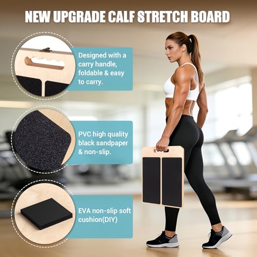 Calf Stretch Slant Board with Strap - Adjustable Wooden Incline Board - Black