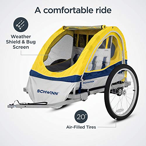 Child Bike Trailer for 2 Kids, 20-Inch Tires, Canopy - Yellow/Grey