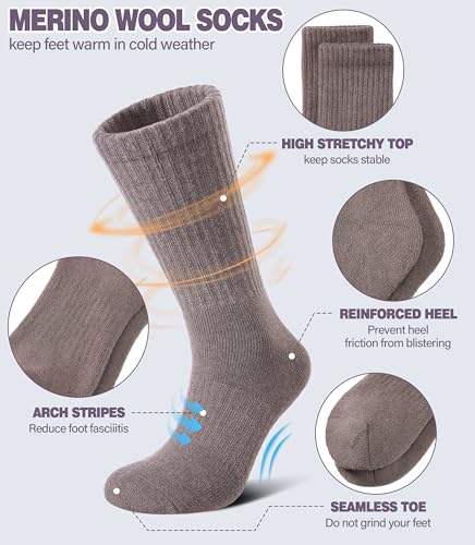 DYW Merino Wool Hiking Socks for Women & Men - Thermal Warm Winter Crew Cushion 5 Pairs - Black/Gray/White/Khaki/Coffee, Medium