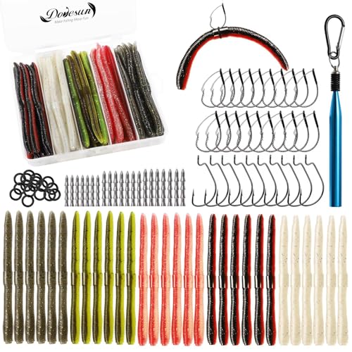 B-152PCS Wacky Worms & Fishing Hooks Kit - Soft Plastic Baits, Weedless Hooks, Jig Head, Rig Tool
