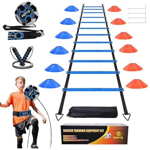 Agility Training Equipment Set - 12 Rung Ladder, 12 Disc Cones, Jump Rope & Solo Trainer - Blue