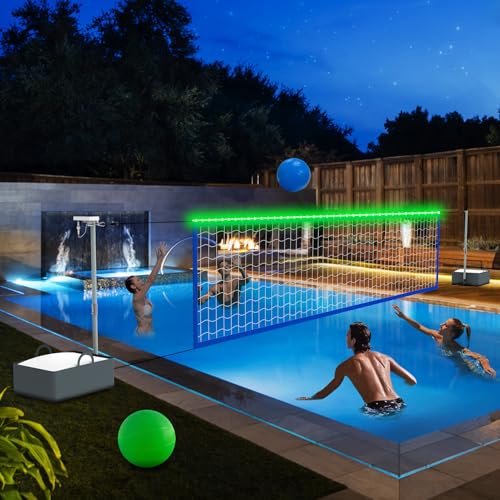 Solar-Powered Pool Volleyball Net Set with LED Lights - Adjustable 15-32FT