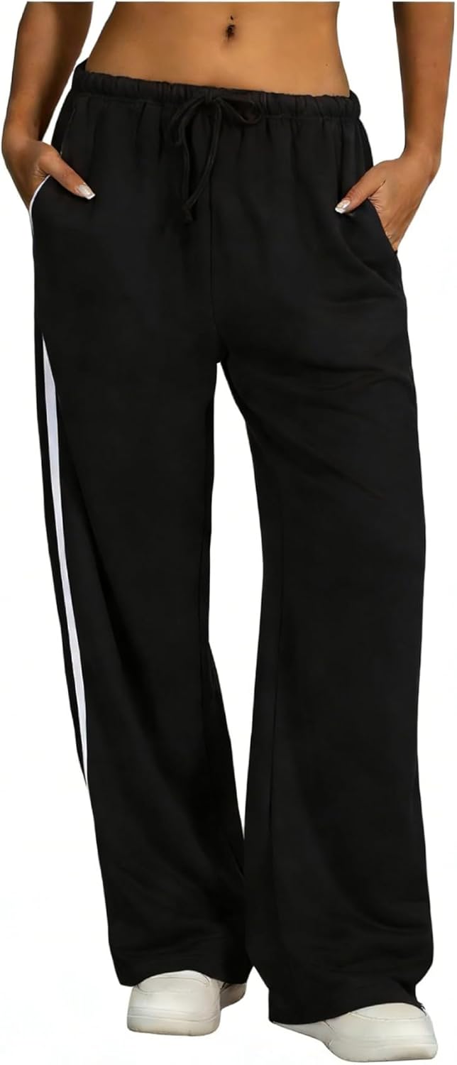BEAUDRM Women's Y2K Wide Leg Sweatpants - Striped Low Rise Joggers for Trendy Streetwear