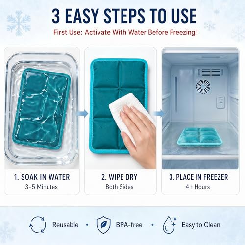 Reusable Ice Packs with Elastic Straps for Lunch Boxes & Coolers - 4 Pack