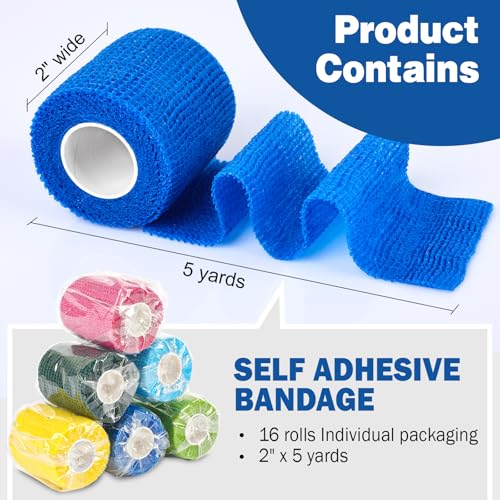 16 Pack Self Adhesive Bandage Wrap - 2" x 5 Yards Elastic Cohesive Tape