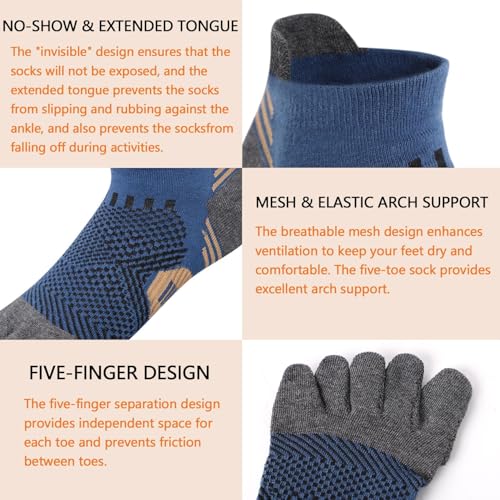 ABTRAV Multicolor Men's Toe Socks No Show Athletic Five Finger Socks Arch Support 9-12