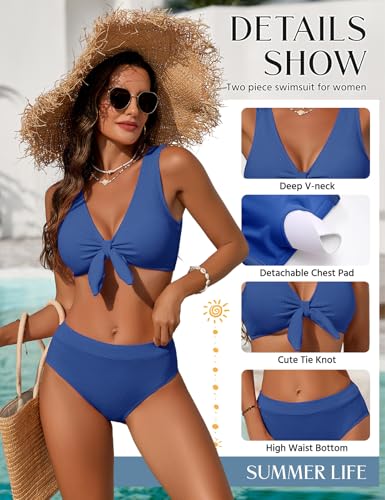 High Waisted Tummy Control Bikini Set - Navy Blue, XX-Large