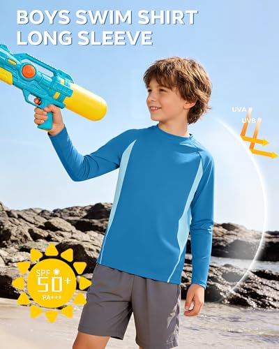 Boys Long Sleeve Rash Guard Swim Shirt - 11-12 Years, Blue
