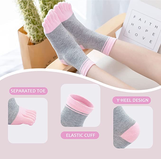 Crew Toe Socks for Women - Colorful Cotton Five Finger - Grey, Size 5-11