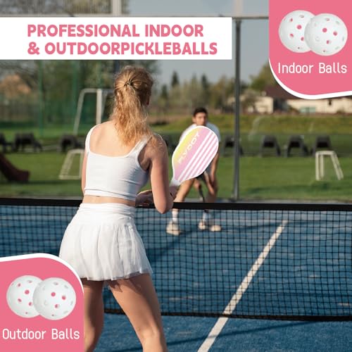 Flydot Pink Pickleball Paddles Set of 4 with Balls & Carrying Bag - Indoor & Outdoor
