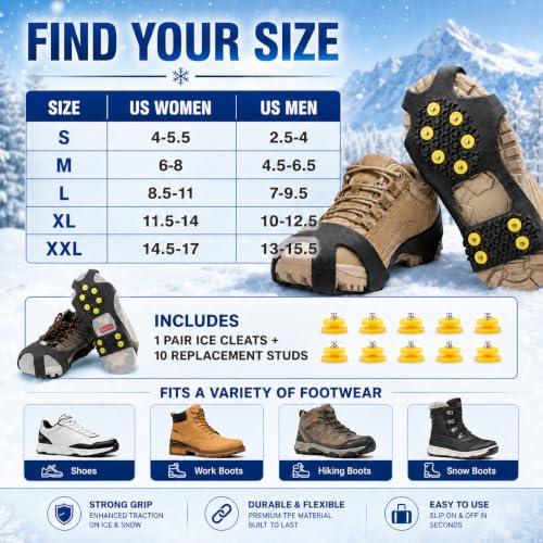 Ice Cleats for Shoes and Boots – Large Black Traction Grippers