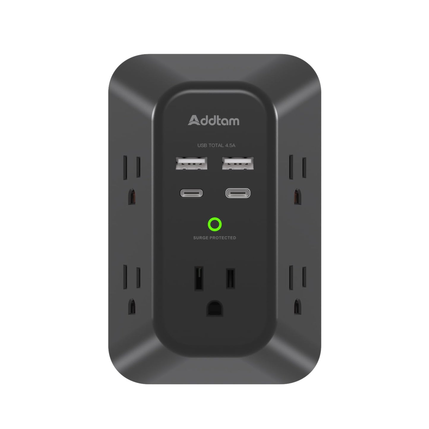 Surge Protector Outlet Extender, Addtam Multi Plug Wall Outlet with 4 USB Ports(2 USB-C), 3-Sided 1800J Power Strip Plug Extension Outlet Splitter, Black