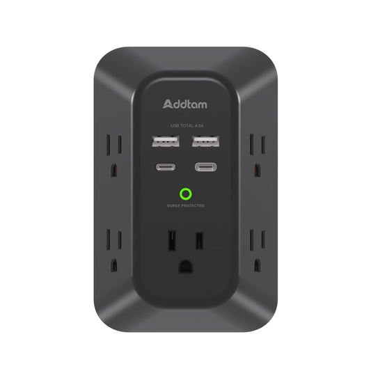 Surge Protector Outlet Extender, Addtam Multi Plug Wall Outlet with 4 USB Ports(2 USB-C), 3-Sided 1800J Power Strip Plug Extension Outlet Splitter, Black
