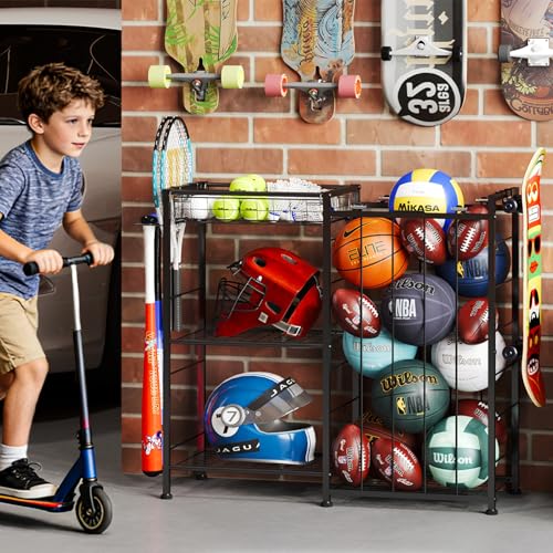 Sports Equipment Organizer with Elastic Straps and Removable Basket