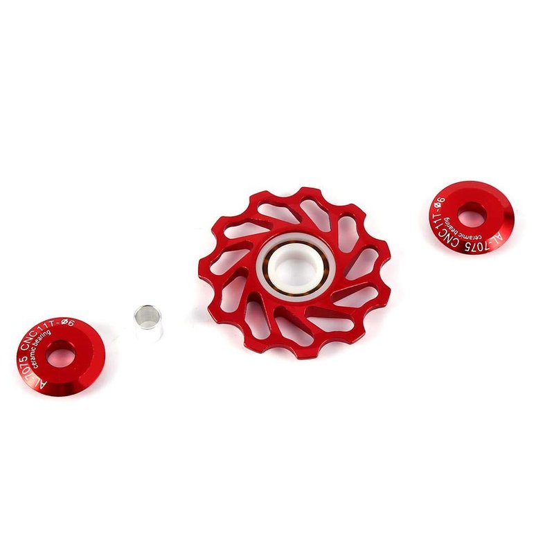 ASHATA Derailleur Pulley 11T Wheels Wheel Ceramic Pulley Aluminium Alloy Roller Accessory Support 7/8/9/10 Speed for (Red,11T)