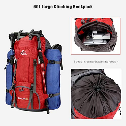 Bseash 60L Waterproof Hiking Backpack with Rain Cover - Red, Large Outdoor Daypack for Camping & Climbing