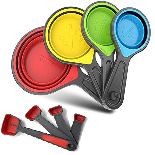 Collapsible Silicone Measuring Cups & Spoons Set - Red, 8 Pieces