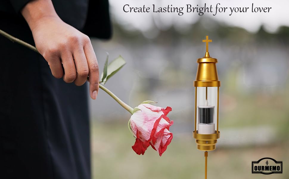 OURMEMO Cemetery Solar Lights for Grave,Includes 2.5" x6.5'' Grave Candles,4" x34''Cemetery Memorial Light Candle Holder,Standard Spike and Base,Perfect Addition to Headstone (Latin Cross Classic)