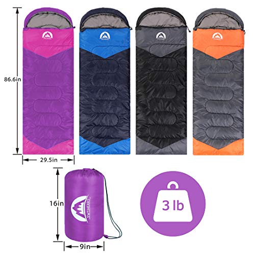 SWTMERRY 3-Season Sleeping Bag for Kids, Teens & Adults — Purple, Lightweight, Waterproof