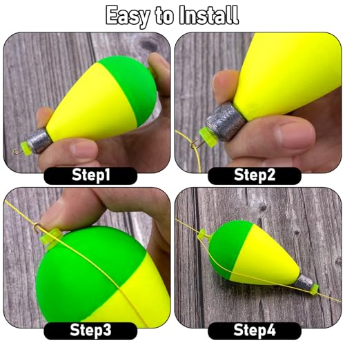 Weighted Fishing Bobbers - 5 Pack Snap-on Spring Floats - Green/Fluorescent Yellow, 1.6in