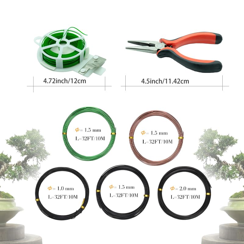 Bonsai Wire 7pcs-5 Rolls of Aluminum Bonsai Training Wire, Cutting Pliers and Plant Ties with Cutter 50 Meter Bonsai Tool Set, Adjustable Anodized Wire 1/1.5/2.0 mm for Bonsai Tree Training DIY Tools