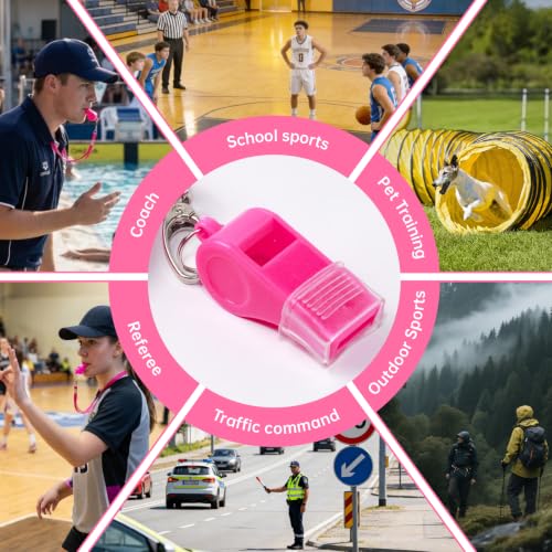 4 Pack Pink Plastic Whistles with Lanyards - Loud & Durable