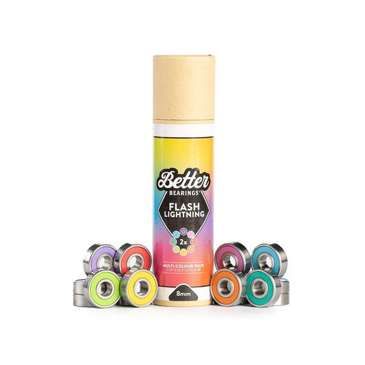 Better Bearings - Flash Lightning - Ceramic Roller Skate Bearings, Pack of 16, Quad Skates, ABEC 9, Hardwearing, Long Lasting, Pre Lubed, Replaceable Rubber Shields, Women Supportive - 8mm Multi