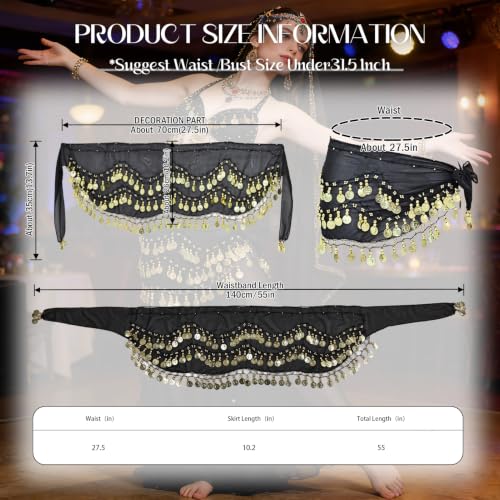 Belly Dance Hip Scarf with 128 Coins - Black Tie Waist Wrap