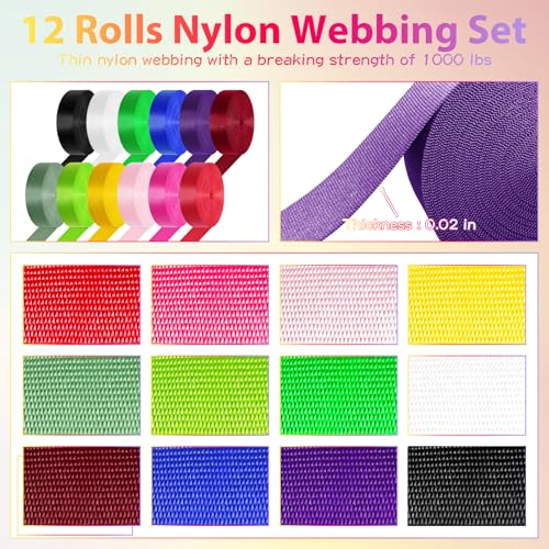 YOGHAVRS 1 Inch Nylon Webbing Straps - 12 Rolls, 3.3 Yards per Color, DIY, Outdoor & Indoor Use