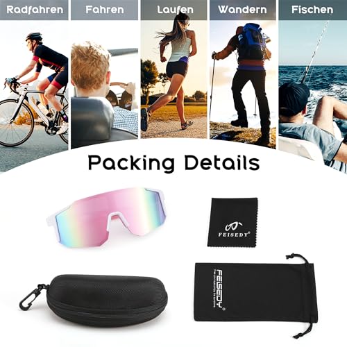 FEISEDY UV400 Cycling & Sports Sunglasses - White Pink, 75mm Lens, Unisex
