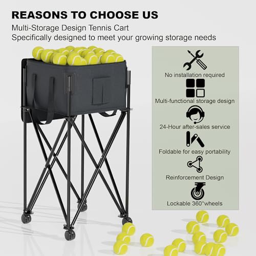 Lnmuzm Black Tennis Ball Hopper with Removable Bag & Wheels, Portable Tennis & Pickleball Basket for Training