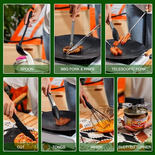 Wesqunie 14-Piece Camping Cookware Set - Portable Outdoor Kitchen Mess Kit, Stainless Steel & Silicone, Green