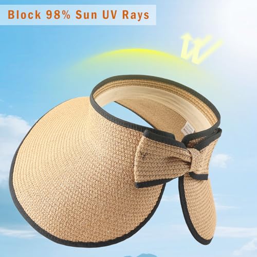 Wide Brim Straw Sun Visor Hat for Women - Khaki, Foldable & Packable