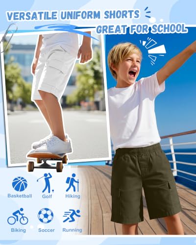 Kids Boys Cargo Shorts 3 Pack - School Uniform Summer Pants, Size 10-11 Years, Olive Green, White, Black