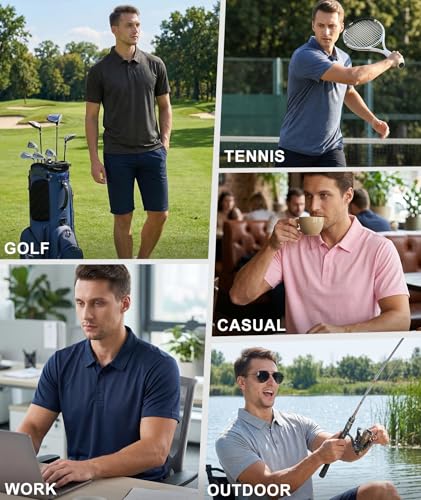 ZITY 5 Pack Men's Short Sleeve Moisture-Wicking Golf Polo Shirts, X-Large, Black/Light Grey/Pink/Blue/Grey Blue