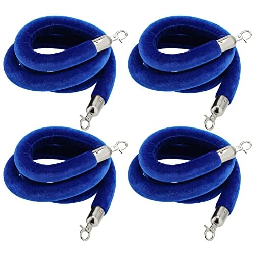 JAPCHET 4 Pack 6.5 Feet Velvet Rope, Blue Velvet Stanchion Rope with Silver Polished Hooks, Crowd Control Queue Line Barrier Rope Hanging Ropes for Hotels, Movie Theaters