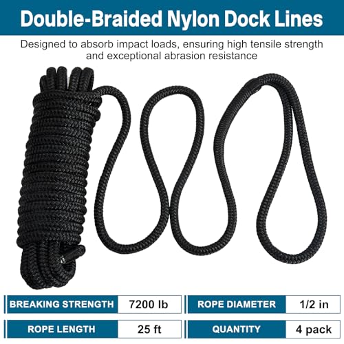 4 Pack 1/2" x 25' Dock Lines, Improved Nylon Boat Ropes, Black