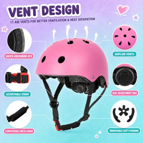 Pink Kids Bike Helmet Set for Ages 3-8 with Knee Elbow Wrist Pads, Small 19.69-21.26"