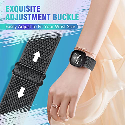 Elastic Nylon Watch Bands - 3 Pack for Fitbit Versa 4/3/Sense - Black, Gray, Indigo