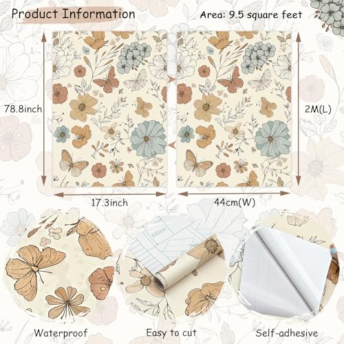 Beige Floral Wallpaper Peel and Stick Wallpaper Boho 17.3"¡¿78.8" Colourful Flower Butterfly Removable Self Adhesive Wall Paper for Bedroom Floral Contact Paper for Cabinets Mural Decor