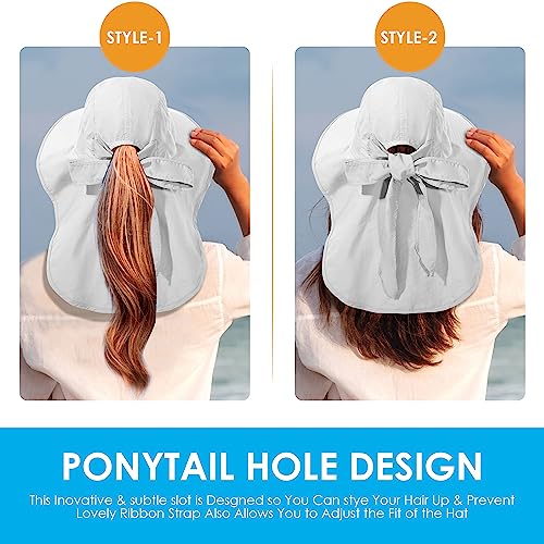 Wide Brim UV Protection Sun Hat - Foldable Waterproof Bucket Hat with Neck Flap - One Size, Light Grey
