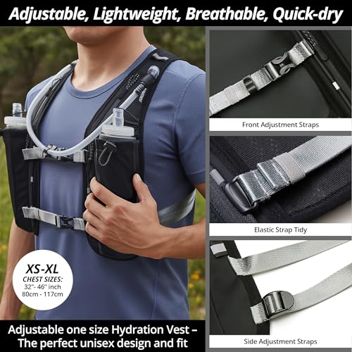 Build & Fitness Black Hydration Vest with 1.5L Bladder & 2 Soft Flasks for Running & Hiking