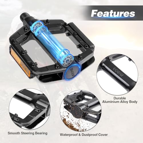 MEGHNA MG-1/2BP Aluminum Bike Pedals, 1/2” Thread, Non-Slip Reflective