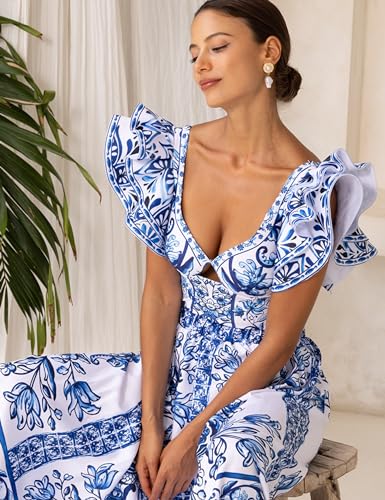 FLAXMAKER Blue & White Porcelain Pattern One-Piece Swimsuit with Skirt - Elegant Beachwear