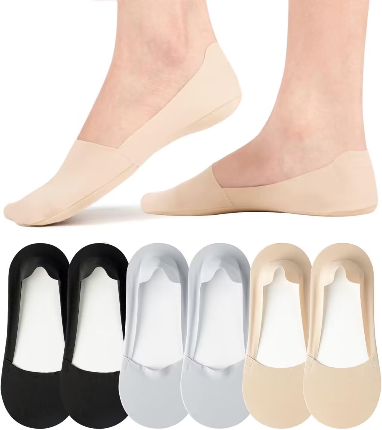 Skiennix No Show Socks - Women's Lightweight Non-Slip Invisible Footies | 6 Pairs in Thin Silk Design