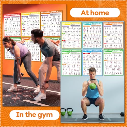 8-Piece Workout Poster Set for Home Gym - Dumbbells, Bodyweight, Stretching, Kettlebell
