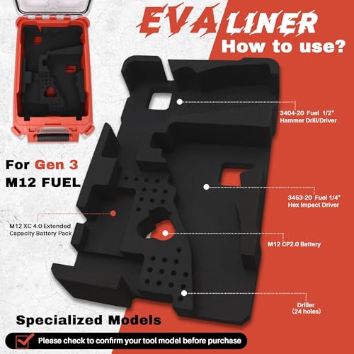EVA Liner Organizer for Gen 3 M12 Drill Driver 3497-22(3404-20&3453-20), Compatible with Milwaukee 48-22-8435 Packout Tool Box - Precision-Cut Insert, Black