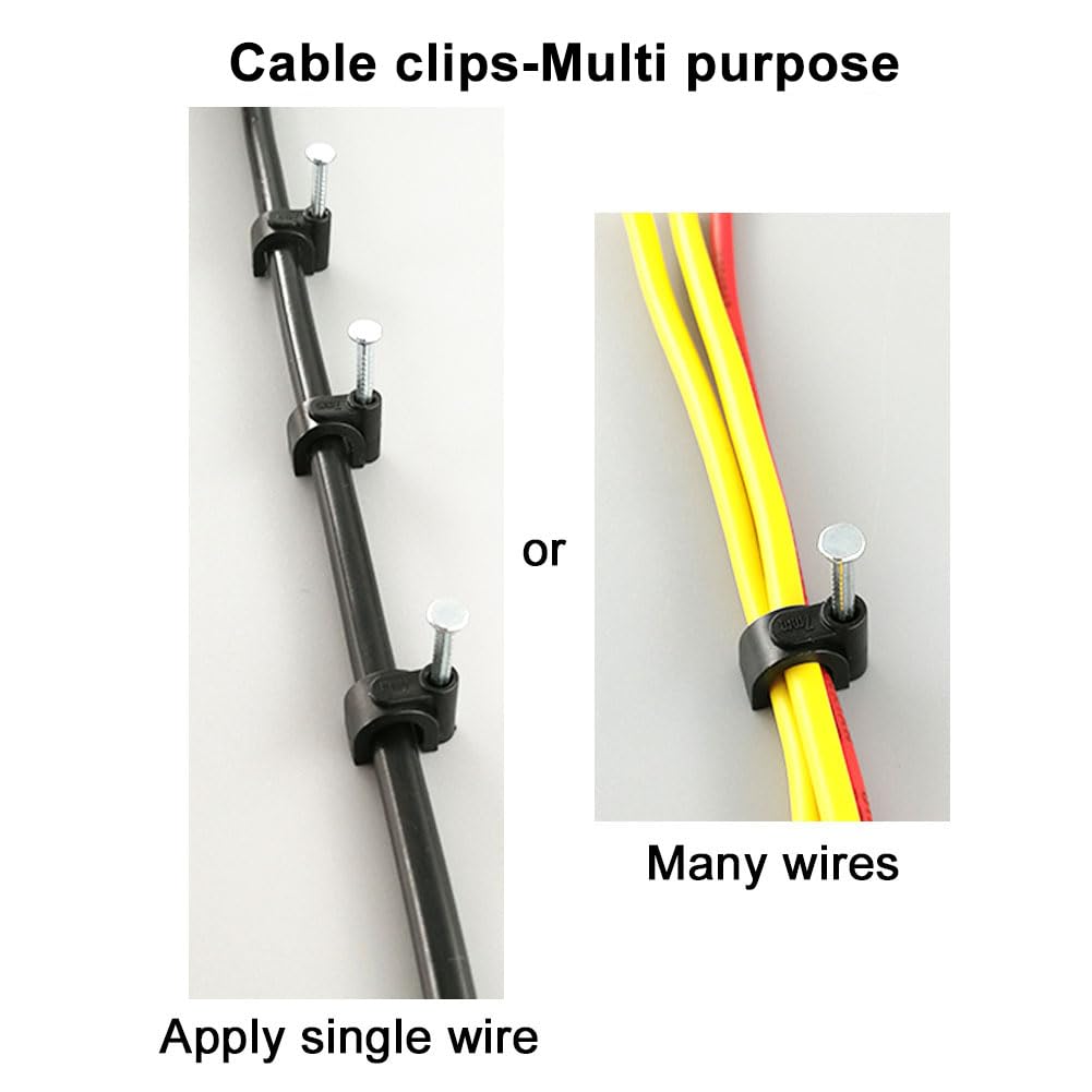 HS Cable Clips 8mm with Steel Nail 200 Pieces Black，Ethernet Management U Shaped Wire Cord Staples Hooks for Outdoor Wall,Coax Cat7 RG8 Cable Extension Fasteners